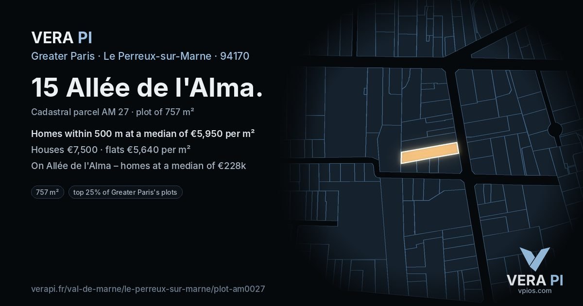 15 Allée de l'Alma, Le Perreux-sur-Marne at night – the plot lit, the parcels around coloured by the prices near them