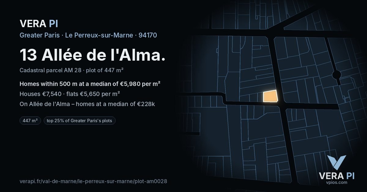 13 Allée de l'Alma, Le Perreux-sur-Marne at night – the plot lit, the parcels around coloured by the prices near them
