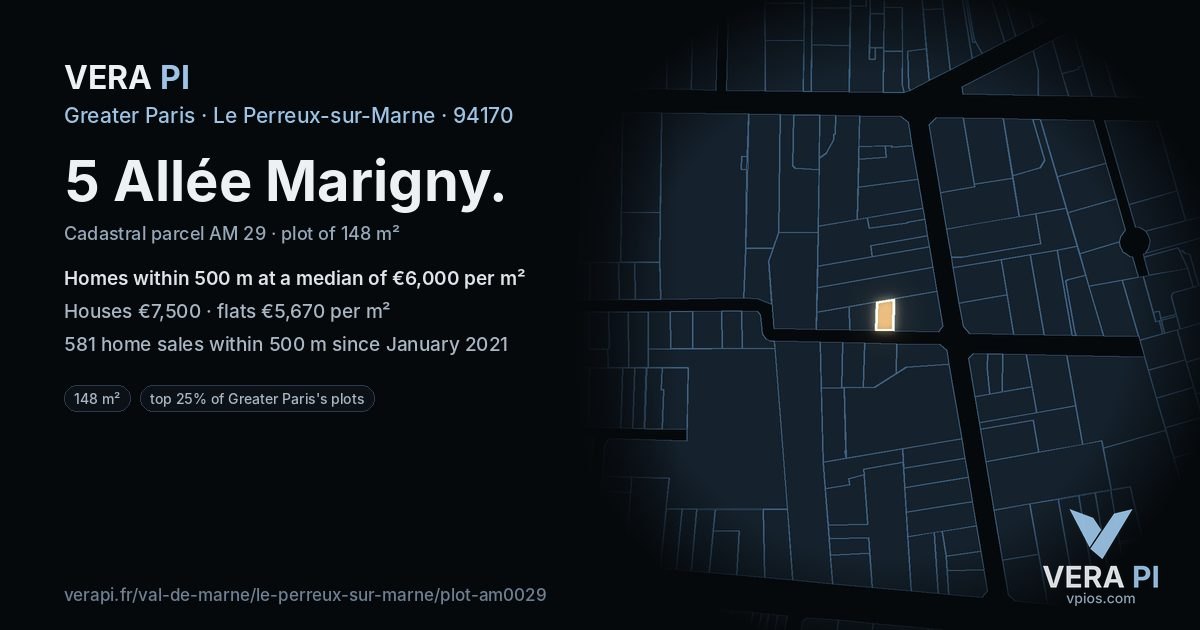 5 Allée Marigny, Le Perreux-sur-Marne at night – the plot lit, the parcels around coloured by the prices near them