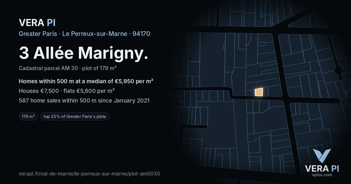 3 Allée Marigny, Le Perreux-sur-Marne at night – the plot lit, the parcels around coloured by the prices near them