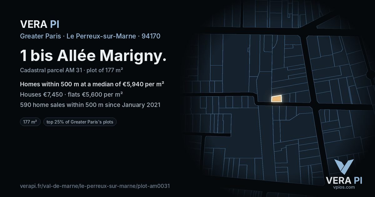 1 bis Allée Marigny, Le Perreux-sur-Marne at night – the plot lit, the parcels around coloured by the prices near them