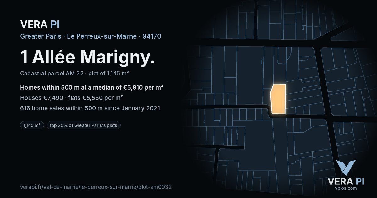 1 Allée Marigny, Le Perreux-sur-Marne at night – the plot lit, the parcels around coloured by the prices near them
