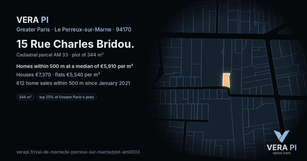 15 Rue Charles Bridou, Le Perreux-sur-Marne at night – the plot lit, the parcels around coloured by the prices near them