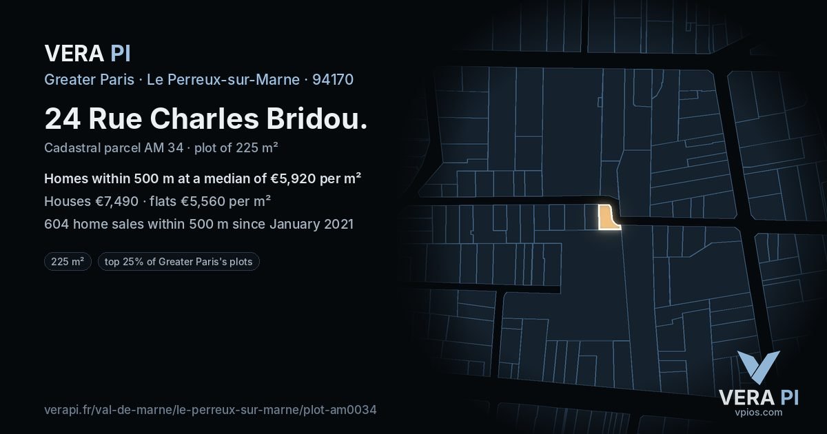 24 Rue Charles Bridou, Le Perreux-sur-Marne at night – the plot lit, the parcels around coloured by the prices near them