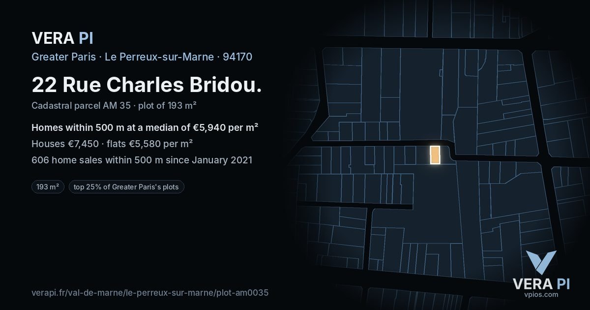 22 Rue Charles Bridou, Le Perreux-sur-Marne at night – the plot lit, the parcels around coloured by the prices near them