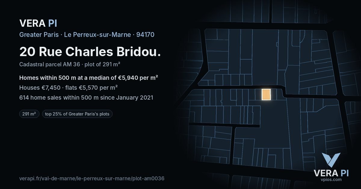 20 Rue Charles Bridou, Le Perreux-sur-Marne at night – the plot lit, the parcels around coloured by the prices near them