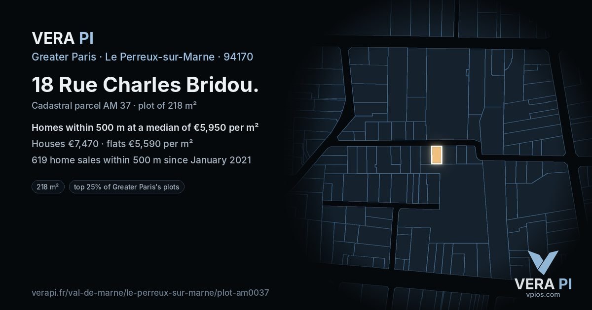 18 Rue Charles Bridou, Le Perreux-sur-Marne at night – the plot lit, the parcels around coloured by the prices near them