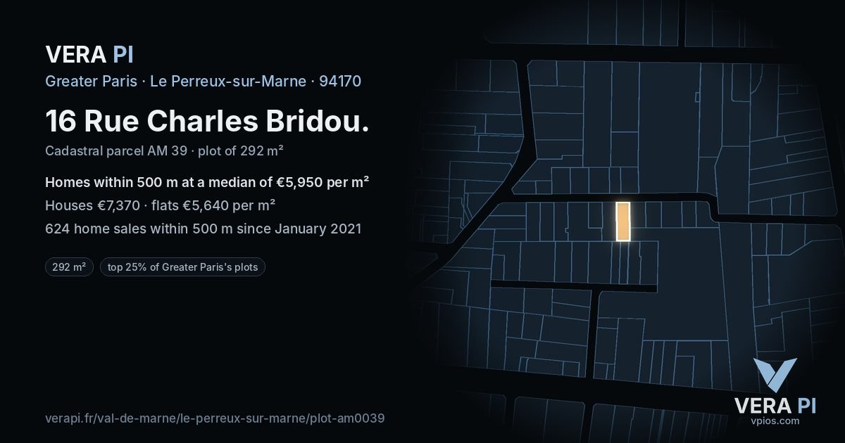 16 Rue Charles Bridou, Le Perreux-sur-Marne at night – the plot lit, the parcels around coloured by the prices near them