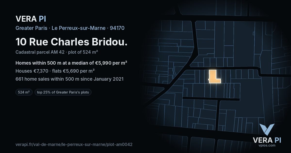 10 Rue Charles Bridou, Le Perreux-sur-Marne at night – the plot lit, the parcels around coloured by the prices near them