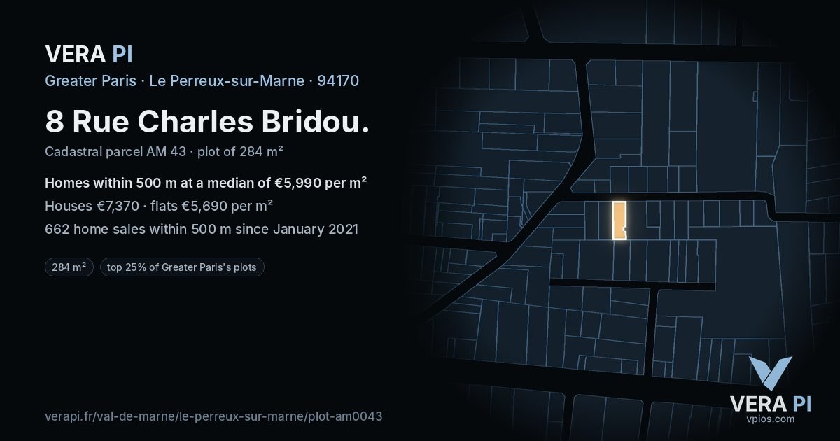 8 Rue Charles Bridou, Le Perreux-sur-Marne at night – the plot lit, the parcels around coloured by the prices near them