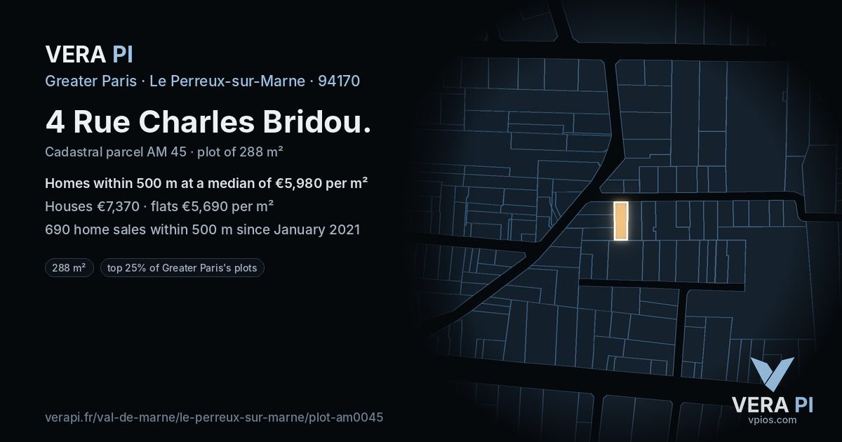 4 Rue Charles Bridou, Le Perreux-sur-Marne at night – the plot lit, the parcels around coloured by the prices near them