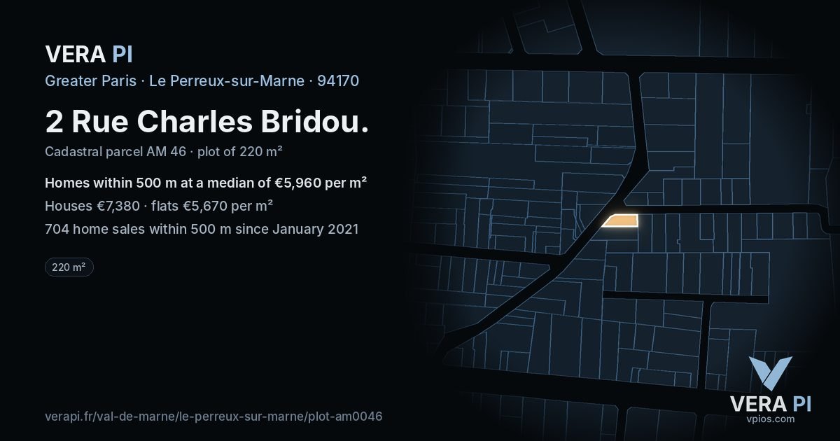 2 Rue Charles Bridou, Le Perreux-sur-Marne at night – the plot lit, the parcels around coloured by the prices near them
