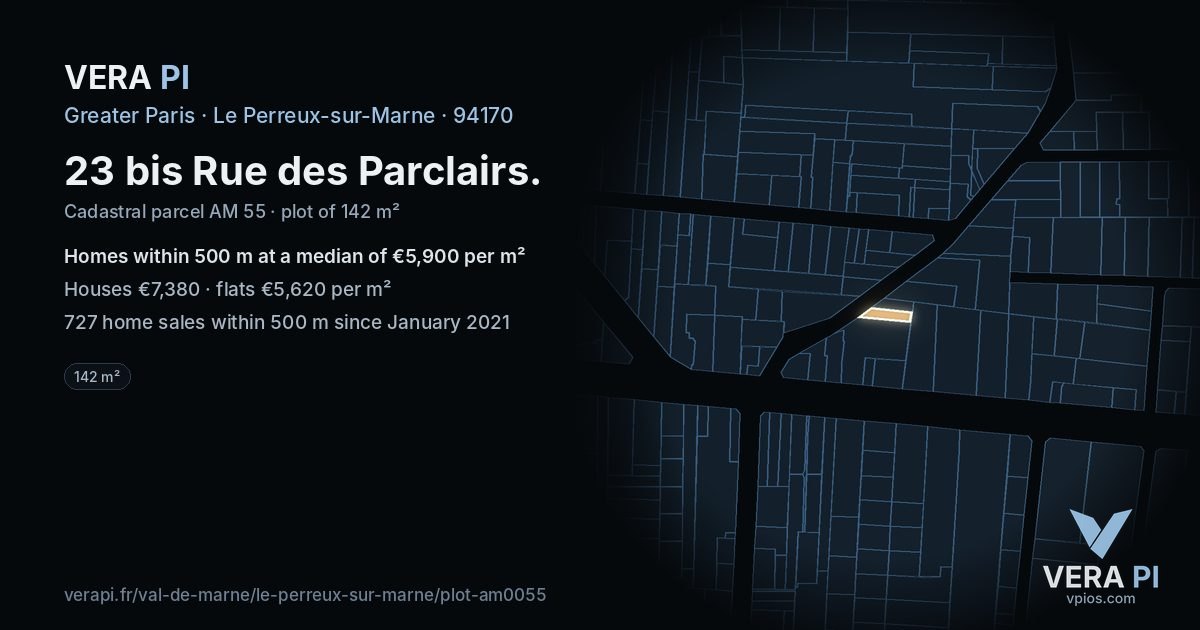 23 bis Rue des Parclairs, Le Perreux-sur-Marne at night – the plot lit, the parcels around coloured by the prices near them