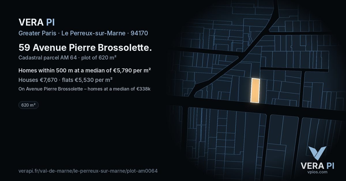 59 Avenue Pierre Brossolette, Le Perreux-sur-Marne at night – the plot lit, the parcels around coloured by the prices near them