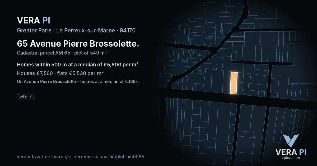 65 Avenue Pierre Brossolette, Le Perreux-sur-Marne at night – the plot lit, the parcels around coloured by the prices near them
