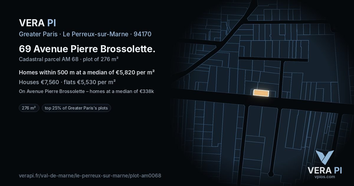 69 Avenue Pierre Brossolette, Le Perreux-sur-Marne at night – the plot lit, the parcels around coloured by the prices near them