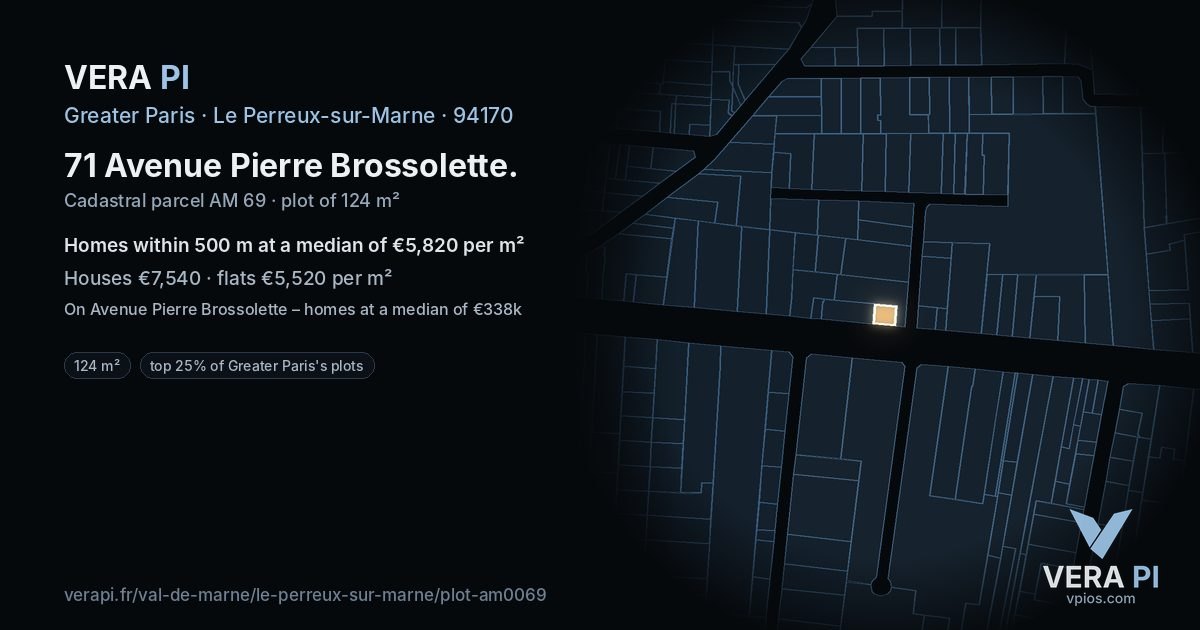71 Avenue Pierre Brossolette, Le Perreux-sur-Marne at night – the plot lit, the parcels around coloured by the prices near them