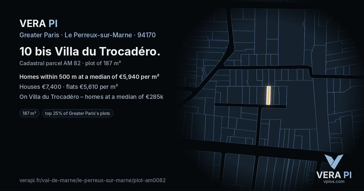 10 bis Villa du Trocadéro, Le Perreux-sur-Marne at night – the plot lit, the parcels around coloured by the prices near them