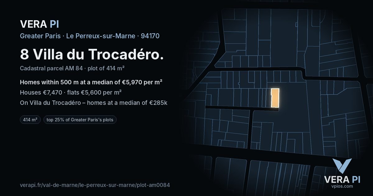 8 Villa du Trocadéro, Le Perreux-sur-Marne at night – the plot lit, the parcels around coloured by the prices near them
