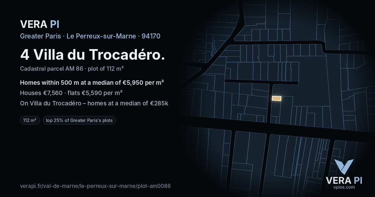 4 Villa du Trocadéro, Le Perreux-sur-Marne at night – the plot lit, the parcels around coloured by the prices near them