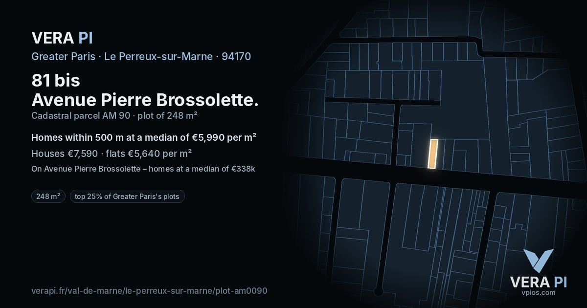 81 bis Avenue Pierre Brossolette, Le Perreux-sur-Marne at night – the plot lit, the parcels around coloured by the prices near them