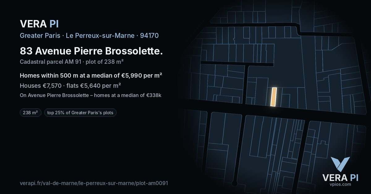 83 Avenue Pierre Brossolette, Le Perreux-sur-Marne at night – the plot lit, the parcels around coloured by the prices near them