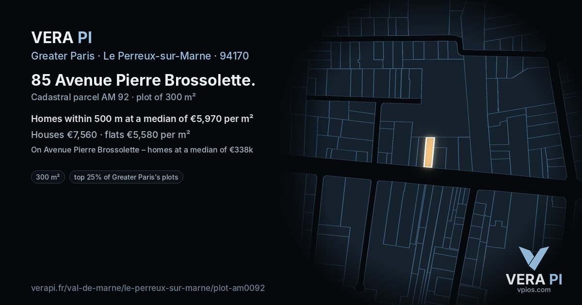 85 Avenue Pierre Brossolette, Le Perreux-sur-Marne at night – the plot lit, the parcels around coloured by the prices near them