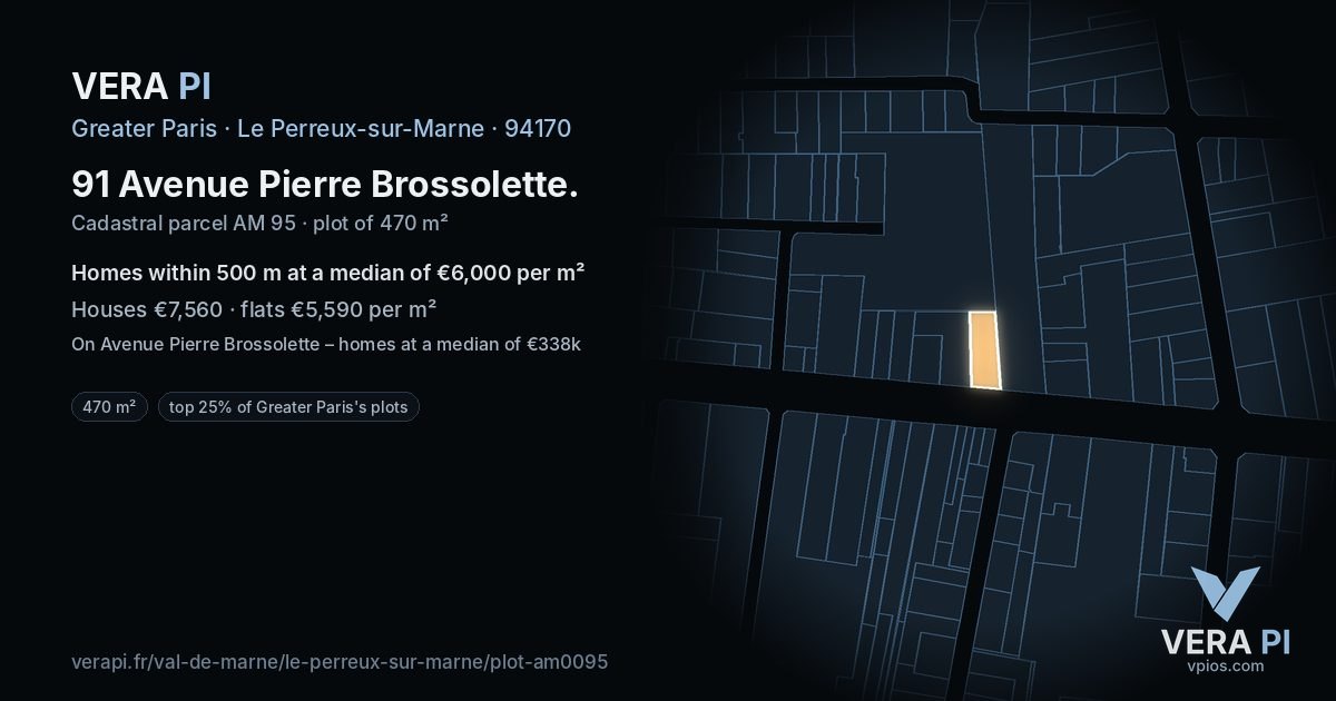 91 Avenue Pierre Brossolette, Le Perreux-sur-Marne at night – the plot lit, the parcels around coloured by the prices near them