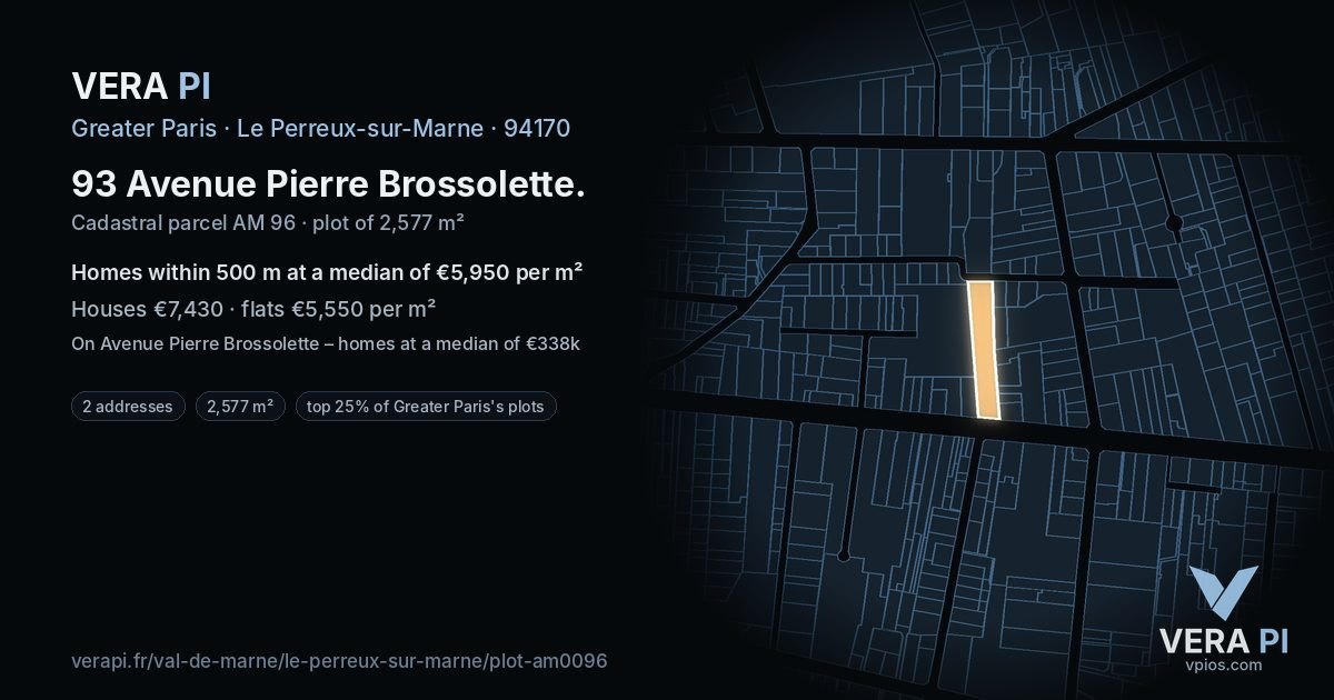 93 Avenue Pierre Brossolette, Le Perreux-sur-Marne at night – the plot lit, the parcels around coloured by the prices near them