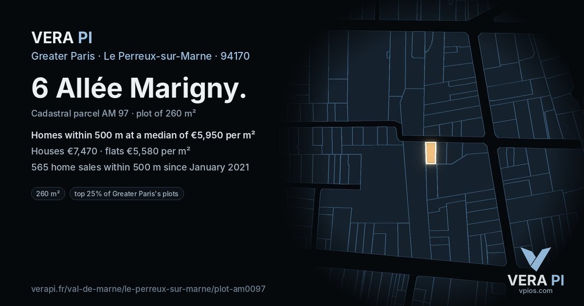 6 Allée Marigny, Le Perreux-sur-Marne at night – the plot lit, the parcels around coloured by the prices near them
