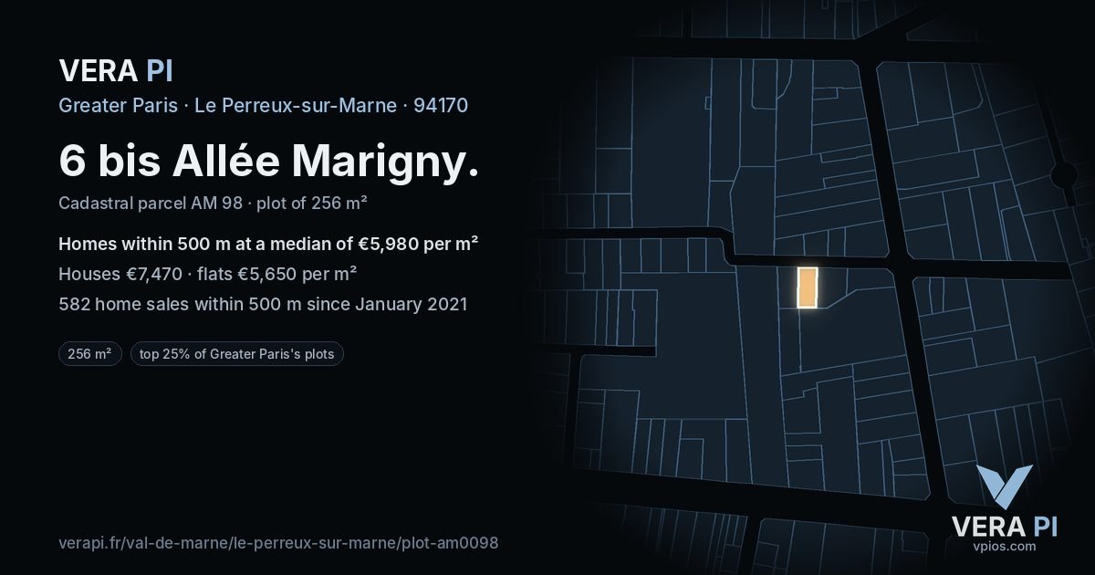 6 bis Allée Marigny, Le Perreux-sur-Marne at night – the plot lit, the parcels around coloured by the prices near them