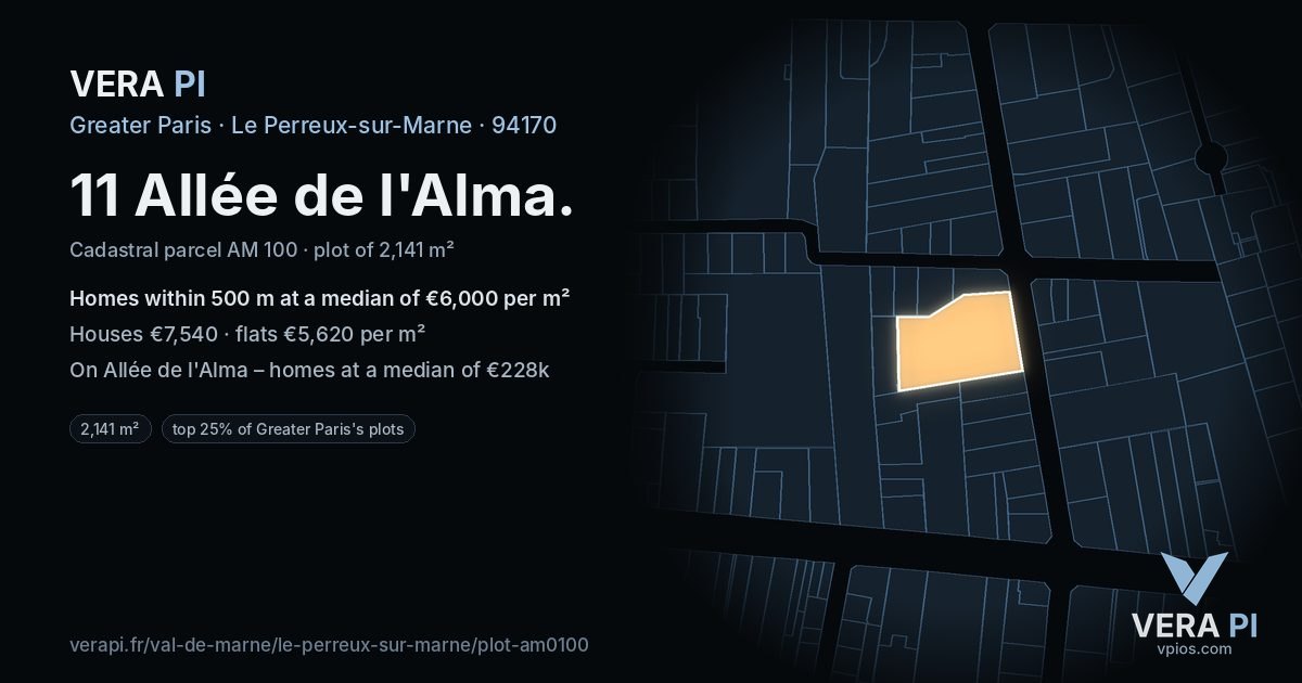 11 Allée de l'Alma, Le Perreux-sur-Marne at night – the plot lit, the parcels around coloured by the prices near them