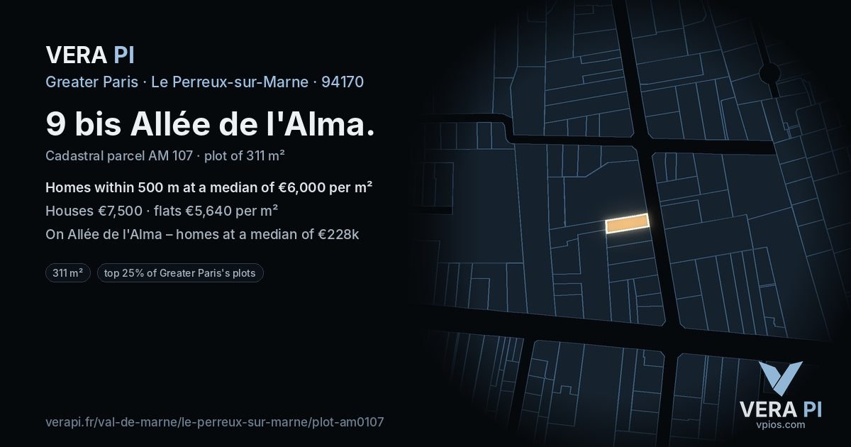 9 bis Allée de l'Alma, Le Perreux-sur-Marne at night – the plot lit, the parcels around coloured by the prices near them