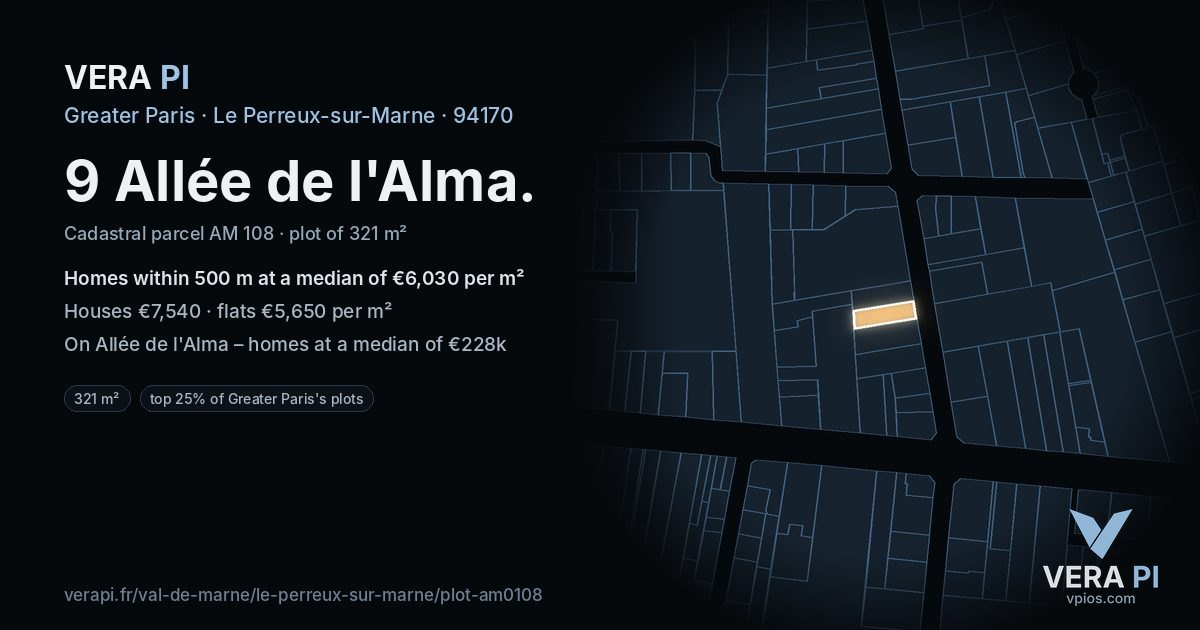 9 Allée de l'Alma, Le Perreux-sur-Marne at night – the plot lit, the parcels around coloured by the prices near them