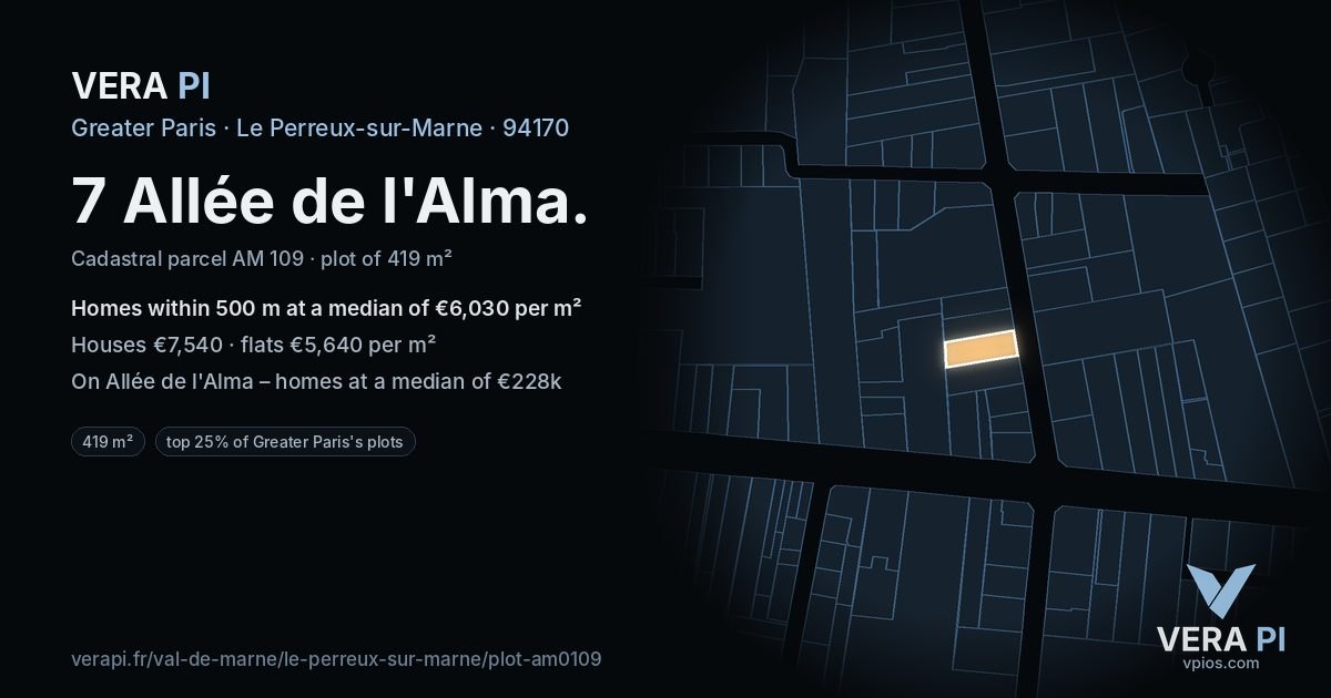 7 Allée de l'Alma, Le Perreux-sur-Marne at night – the plot lit, the parcels around coloured by the prices near them