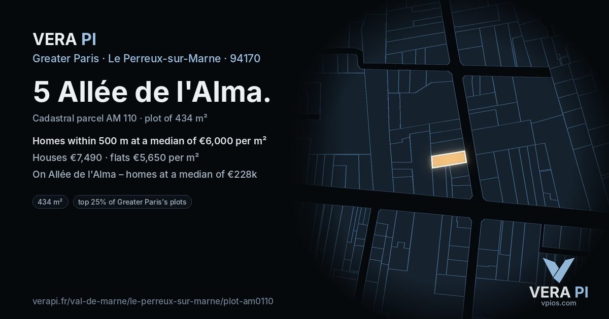 5 Allée de l'Alma, Le Perreux-sur-Marne at night – the plot lit, the parcels around coloured by the prices near them