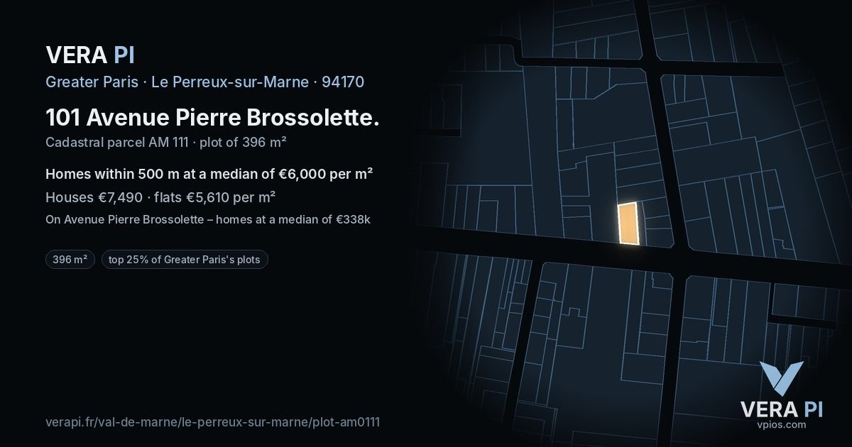 101 Avenue Pierre Brossolette, Le Perreux-sur-Marne at night – the plot lit, the parcels around coloured by the prices near them
