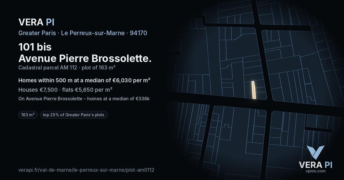 101 bis Avenue Pierre Brossolette, Le Perreux-sur-Marne at night – the plot lit, the parcels around coloured by the prices near them
