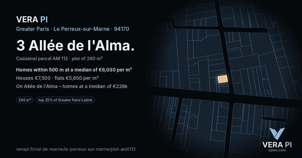 3 Allée de l'Alma, Le Perreux-sur-Marne at night – the plot lit, the parcels around coloured by the prices near them