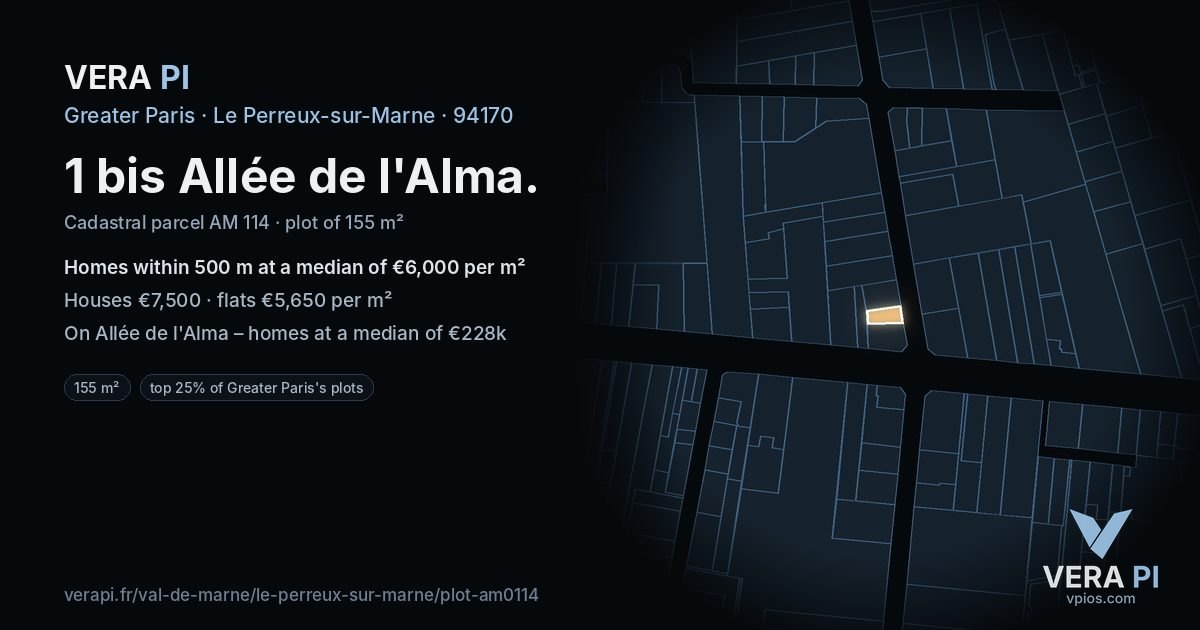 1 bis Allée de l'Alma, Le Perreux-sur-Marne at night – the plot lit, the parcels around coloured by the prices near them