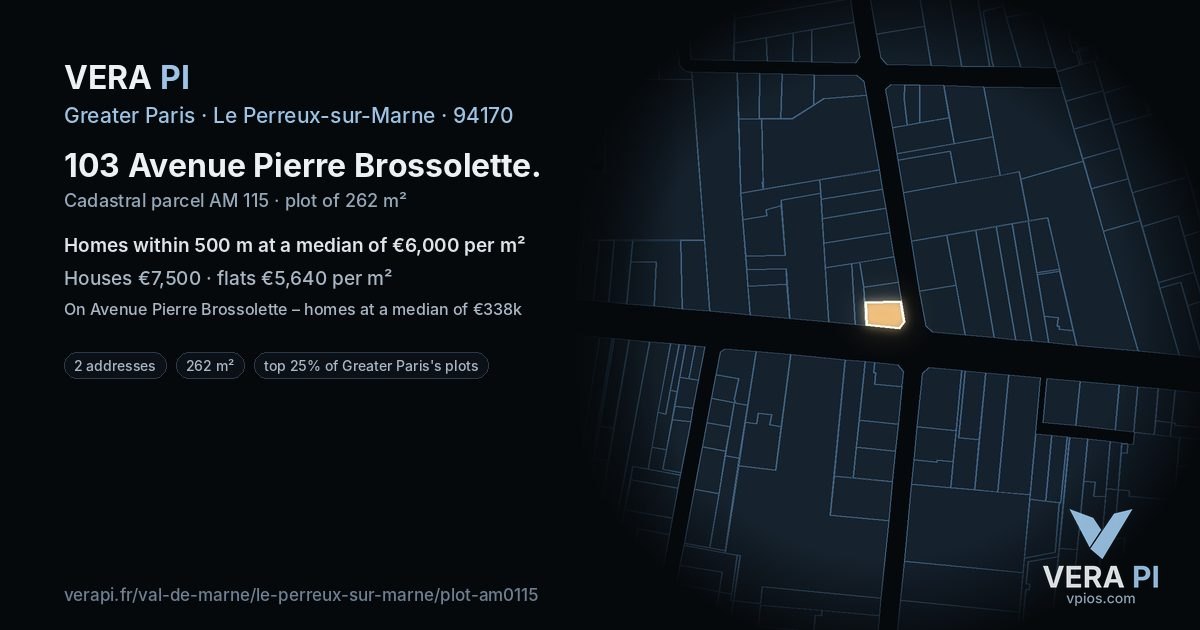 103 Avenue Pierre Brossolette, Le Perreux-sur-Marne at night – the plot lit, the parcels around coloured by the prices near them