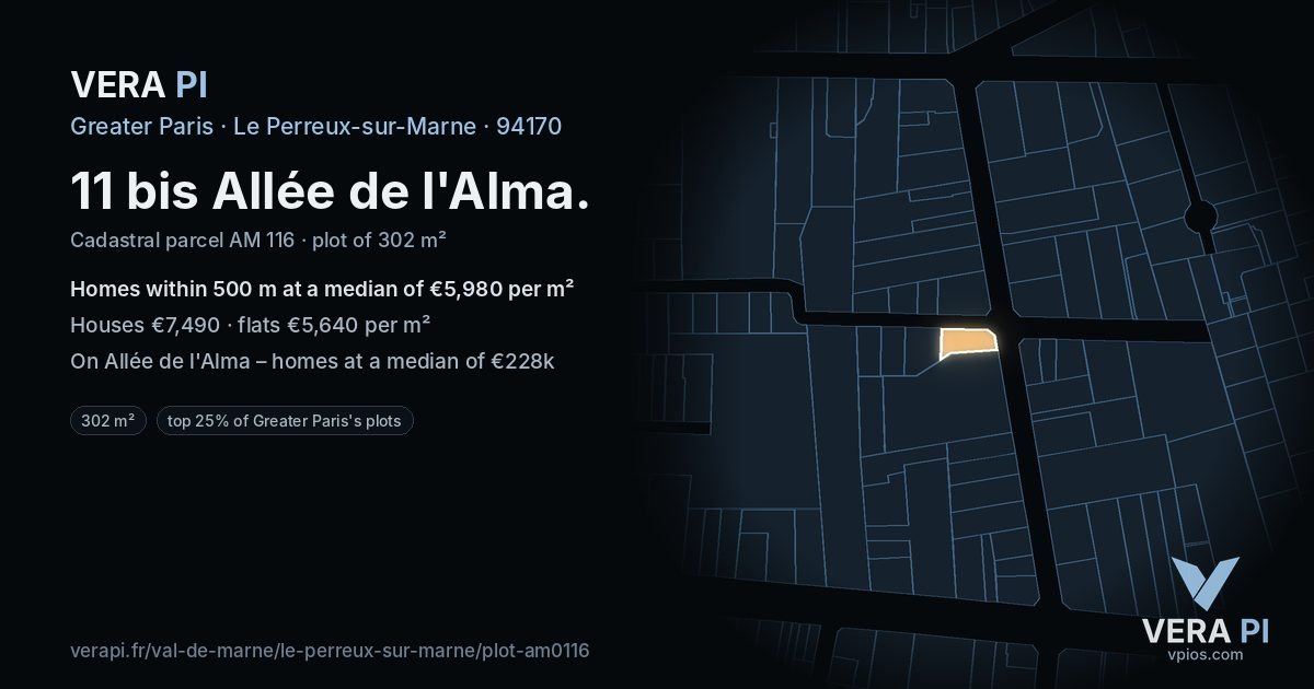 11 bis Allée de l'Alma, Le Perreux-sur-Marne at night – the plot lit, the parcels around coloured by the prices near them