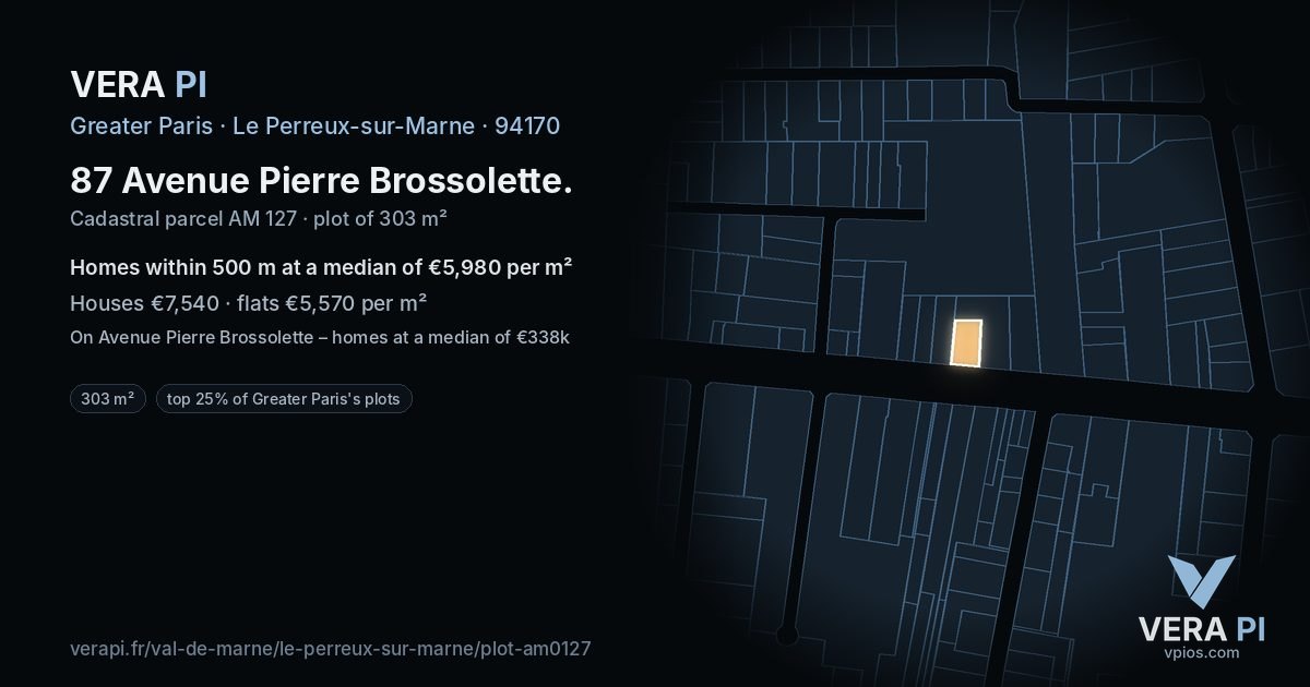87 Avenue Pierre Brossolette, Le Perreux-sur-Marne at night – the plot lit, the parcels around coloured by the prices near them