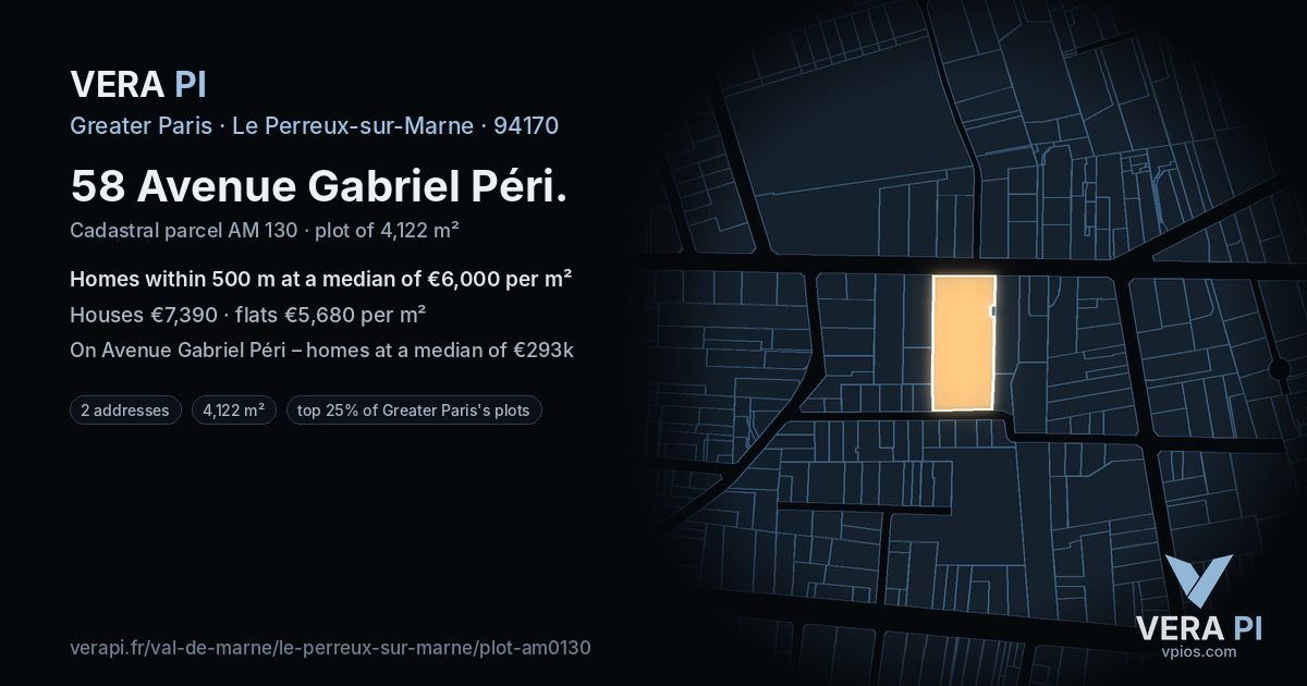 58 Avenue Gabriel Péri, Le Perreux-sur-Marne at night – the plot lit, the parcels around coloured by the prices near them