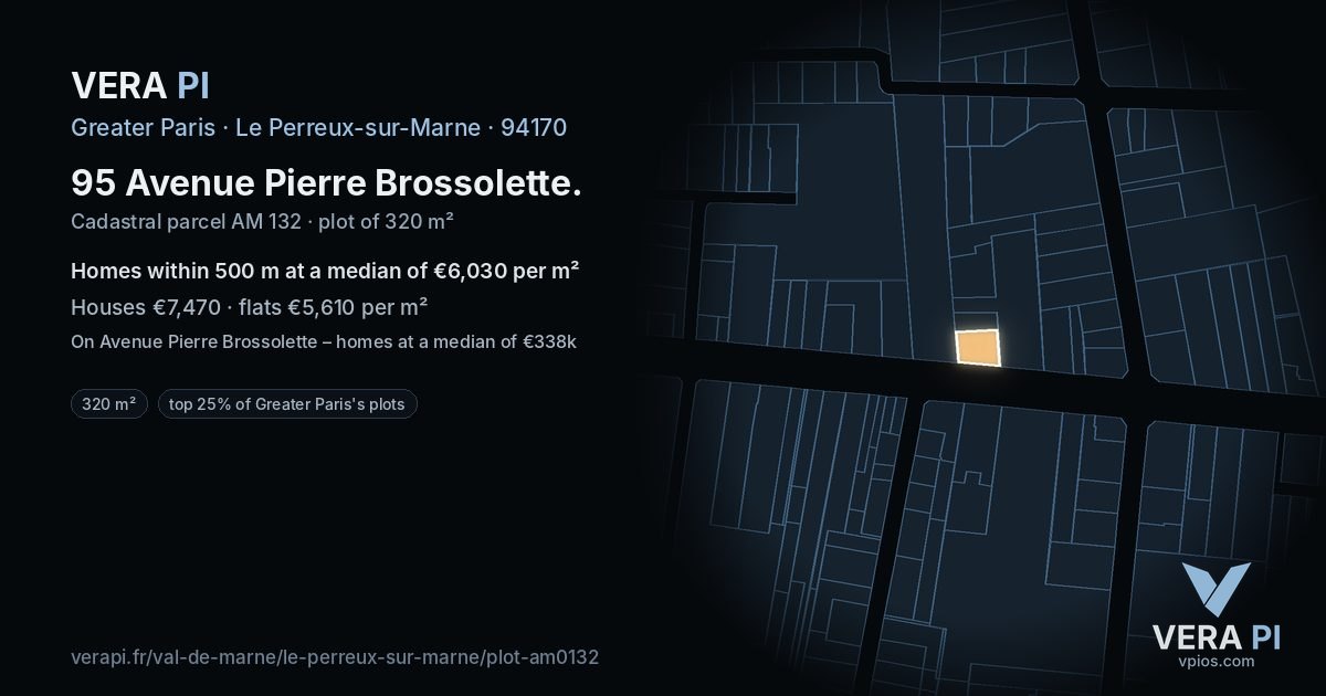 95 Avenue Pierre Brossolette, Le Perreux-sur-Marne at night – the plot lit, the parcels around coloured by the prices near them
