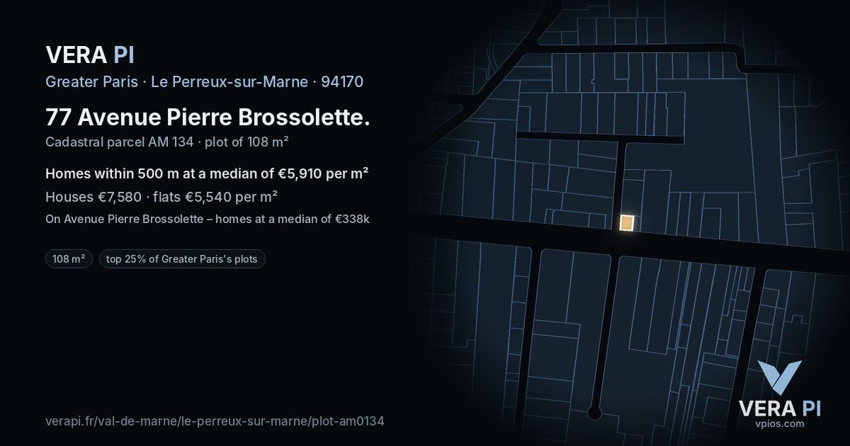 77 Avenue Pierre Brossolette, Le Perreux-sur-Marne at night – the plot lit, the parcels around coloured by the prices near them