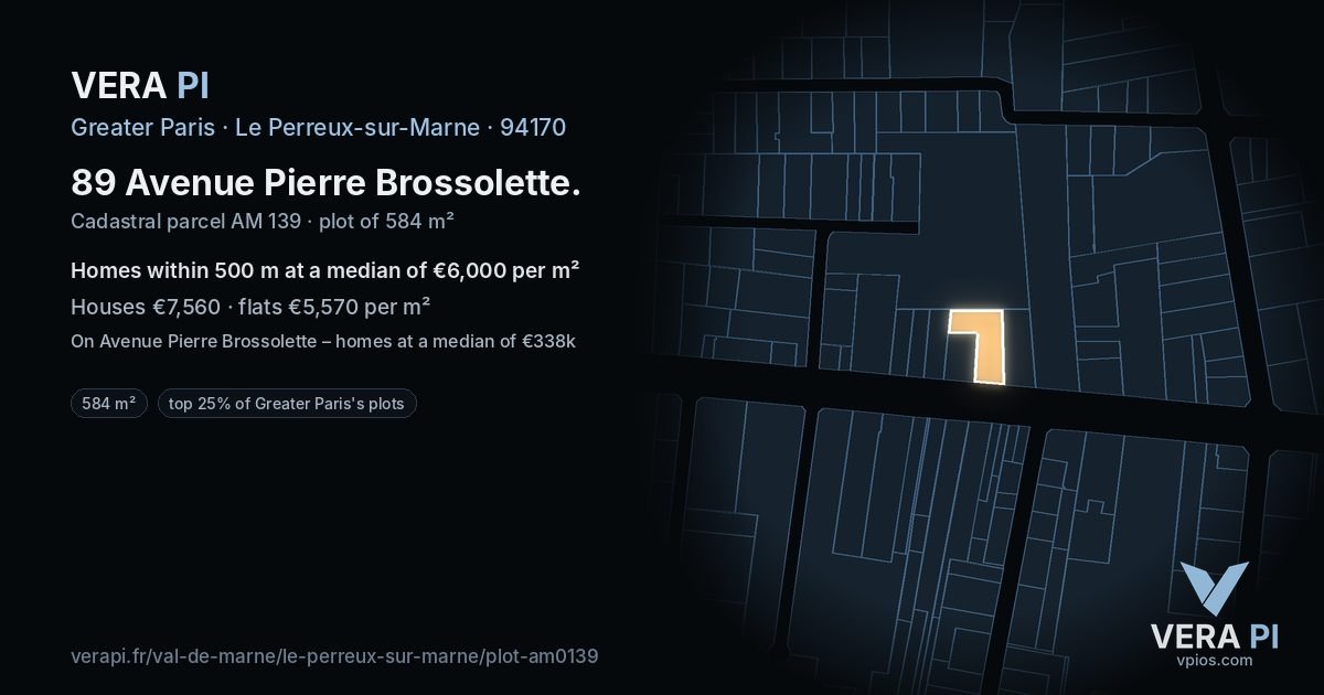 89 Avenue Pierre Brossolette, Le Perreux-sur-Marne at night – the plot lit, the parcels around coloured by the prices near them