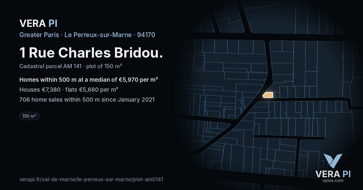 1 Rue Charles Bridou, Le Perreux-sur-Marne at night – the plot lit, the parcels around coloured by the prices near them