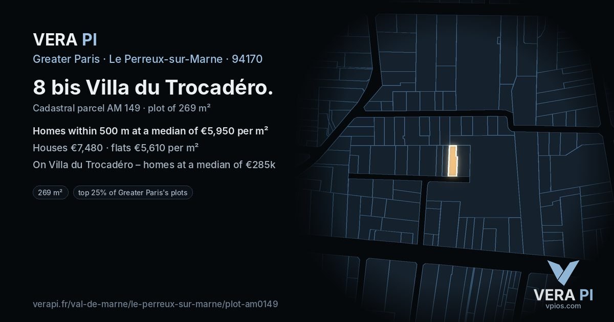 8 bis Villa du Trocadéro, Le Perreux-sur-Marne at night – the plot lit, the parcels around coloured by the prices near them