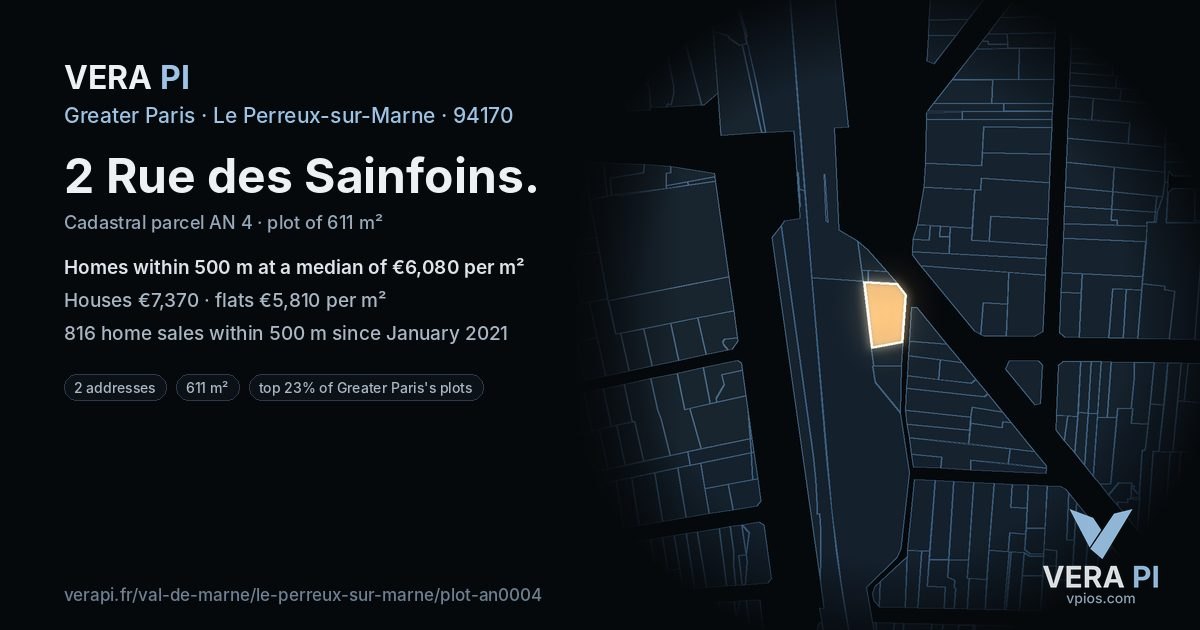 2 Rue des Sainfoins, Le Perreux-sur-Marne at night – the plot lit, the parcels around coloured by the prices near them